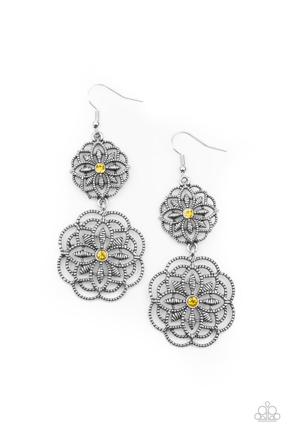 Mandala Mecca - Yellow Rhinestone Earrings Paparazzi