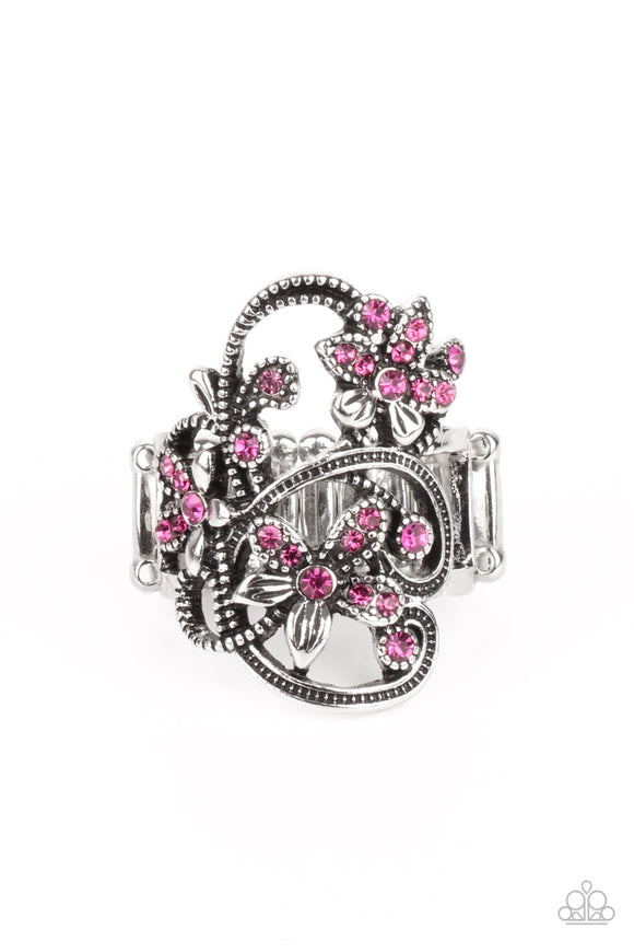 Bouquet Toss - Pink Rhinestone Stretchy Ring